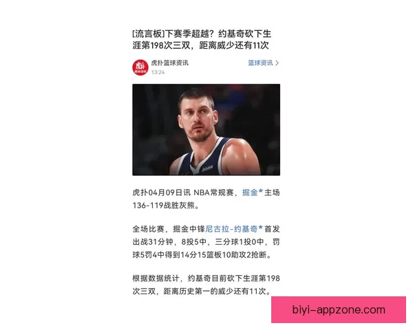 约基奇砍下22 14 14刷新纪录 板凳悍将成队史第一人